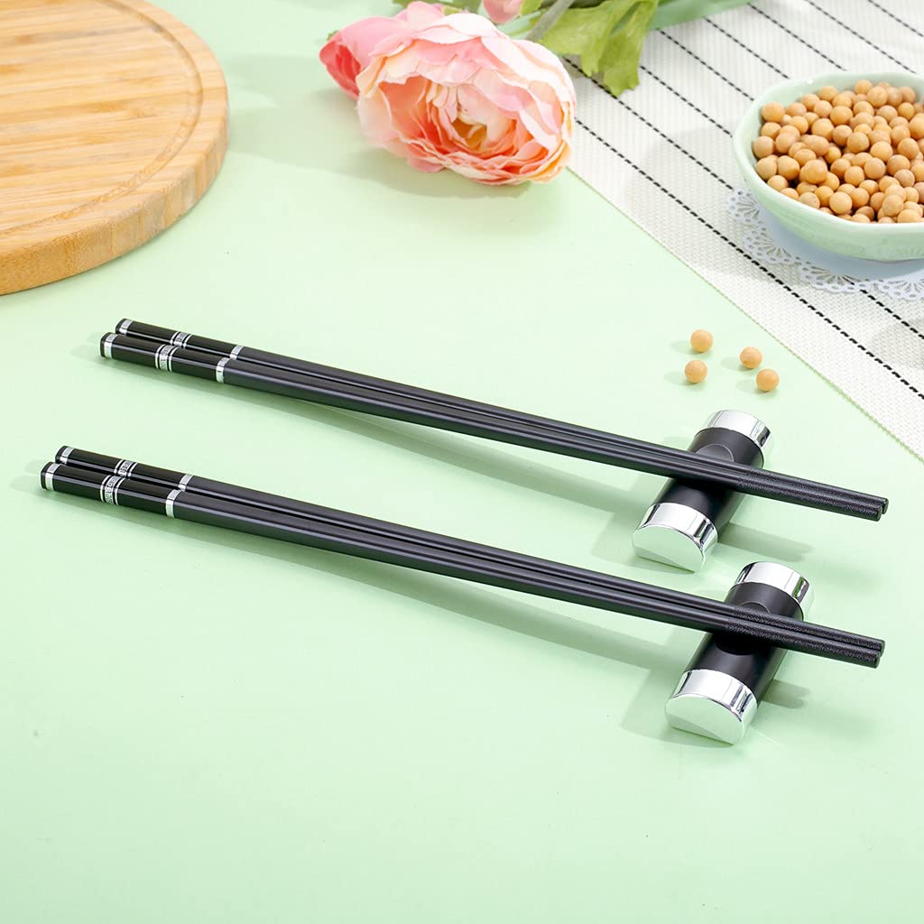 Set 2 Pares Palillos Acero Inoxidable + 2 Soportes - 24.3 Cm - Regalo Sushi Cocina Asiática
