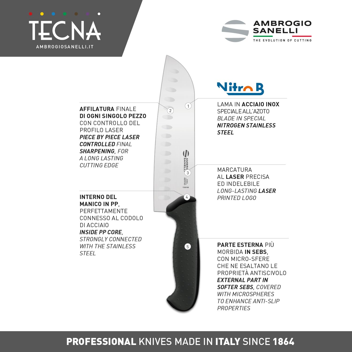 Ambrogio Sanelli, Linea Tecna Trinciante cuoco cm 30 NERO con Lama in Acciaio Inox NitroB e Manico Ergonomico a grip evoluto, Coltello Professionale, Made in Italy