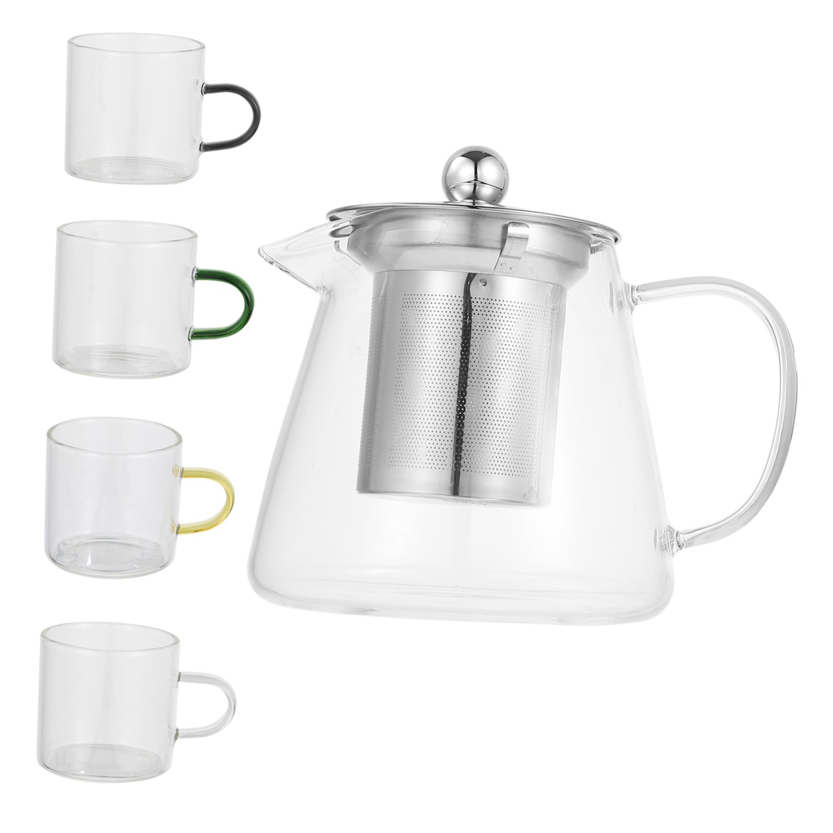 Tetera de cristal transparente resistente al calor con tazas de té y filtro