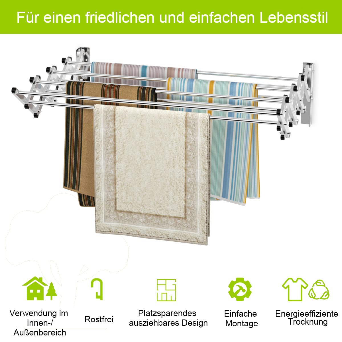 COSTWAY Wäscheständer zur Wandmontage, Wandtrockner ausziehbar aus Edelstahl mit 8 Stangen, platzsparender Wandwäschetrockner, Tragkraft 25 kg, für Waschküche, Badezimmer