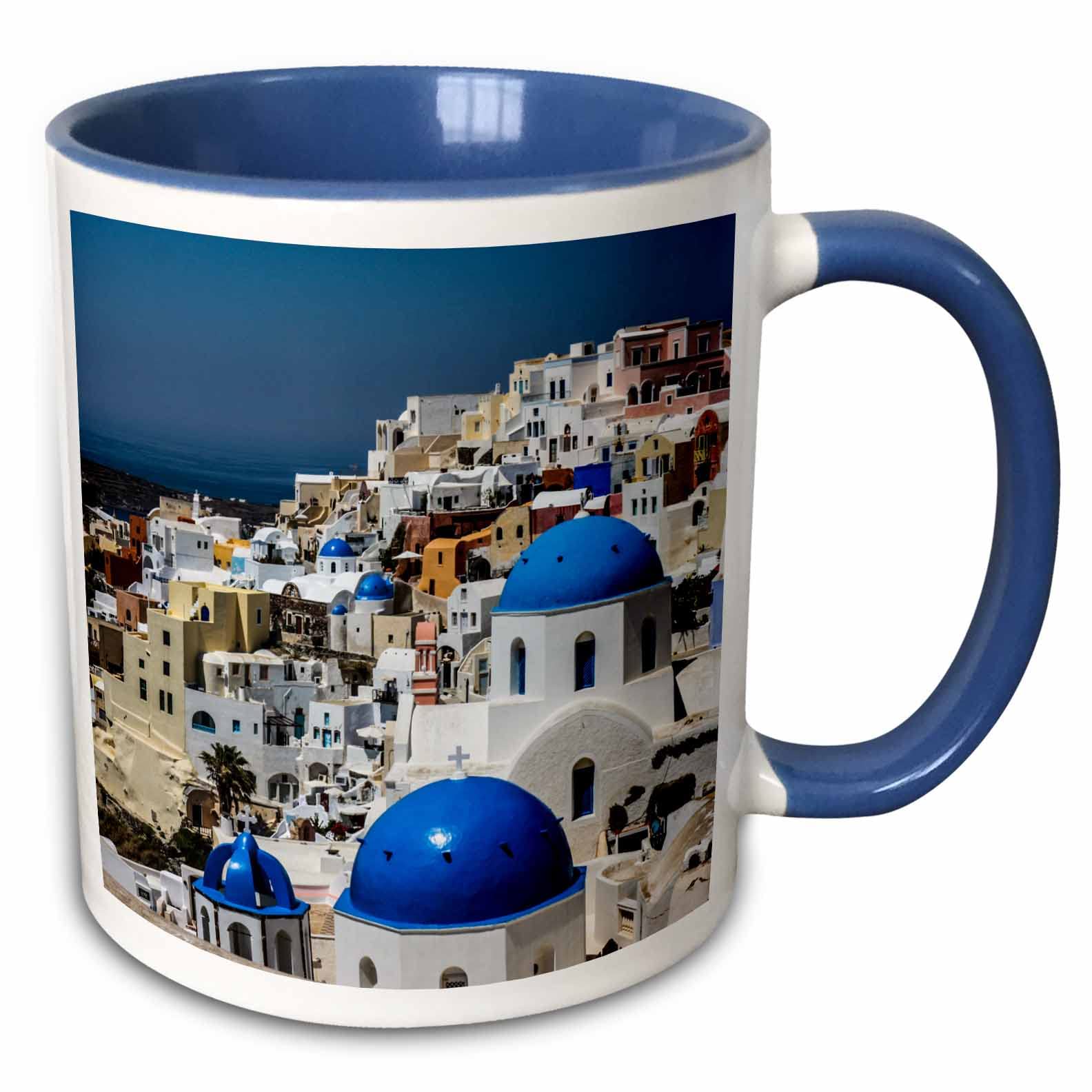 3dRose City Buildings Over Looking the Aegean Sea, Oia, Santorini, Greece 15oz Two-Tone Blue Mug