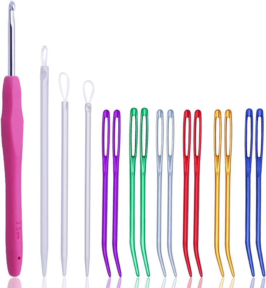16pcs Yarn Needle, Bent Needle Tapestry Needle Set, Wool Needles Large-Eye Blunt Needles and Crochet Hooks for Knitting Crochet(Random Color)