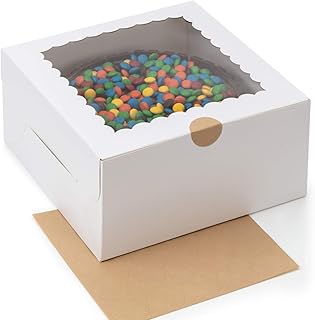[25-Pack] White Cake Boxes 10 x 10 x 5" With Clear Window and Sticker Seals - Sturdy Cake Boxes 10 Inch for Easy Transport of Cakes, Pies, Croissants, and More - Disposable Cake Container and Cake Box 10 Inch - Pastry Boxes and Bakery Boxes With Window