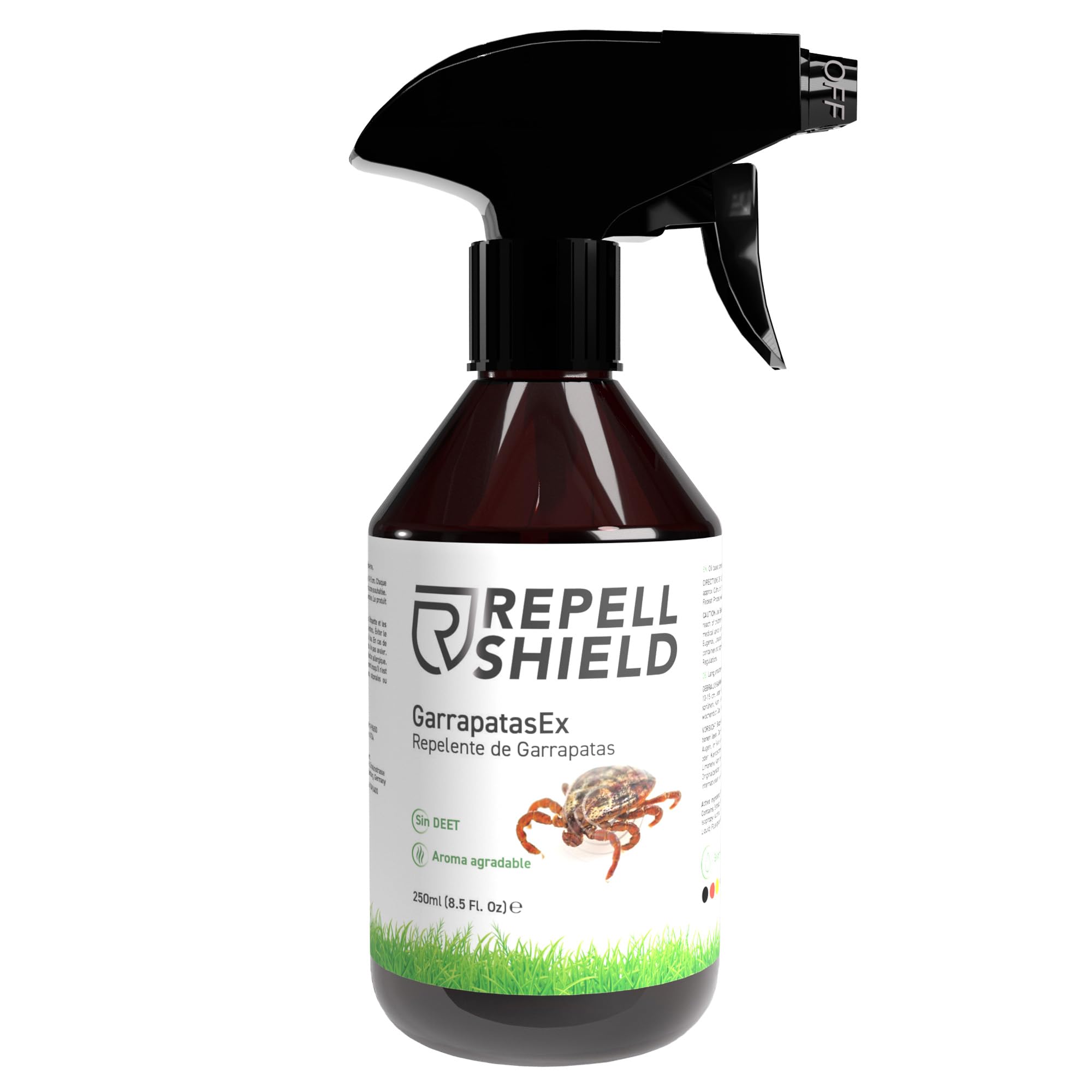RepellShield Spray Repelente Garrapatas Humanos, Ropa, Piel, Colchón, Monte, Campo - 250ml - Repelente Pulgas Humanos para Hogar y Jardín - Repelente Mosquitos Tropical - Alternativa al Insecticida