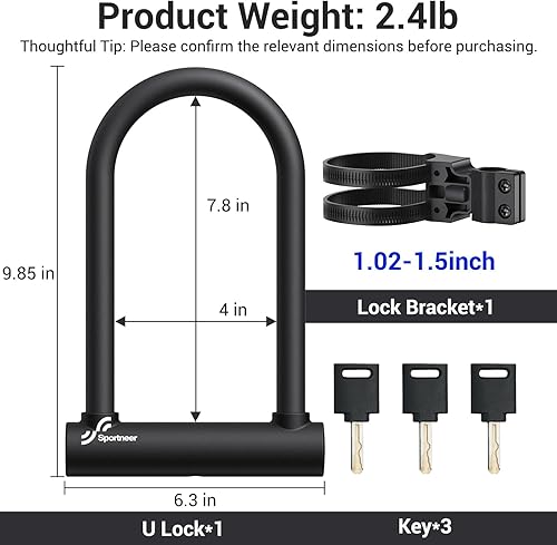 Miniatura 3 de Sportneer Candado de bicicleta  Cerradura de bicicleta antirrobo resistente de 0.709 in con 3 llaves  Cerraduras en U para bicicleta con soporte de