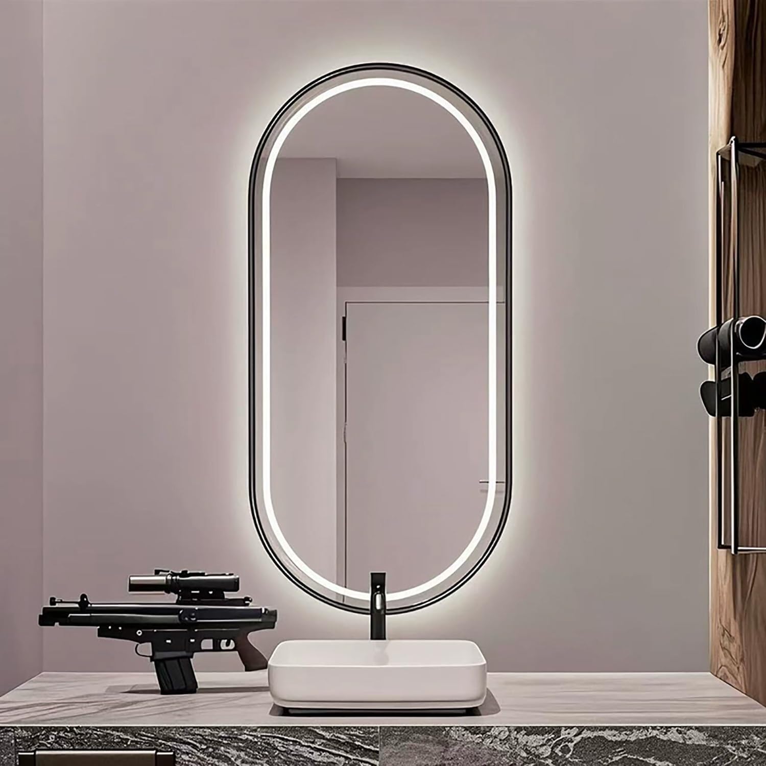 SXFSDOU LED Illuminated Oval Bathroom Mirror 60x120cm AntiFog Black Frame 3Color Adjustable Touch Switch Stylish Gold Accent Modern Vanity Decor for Home