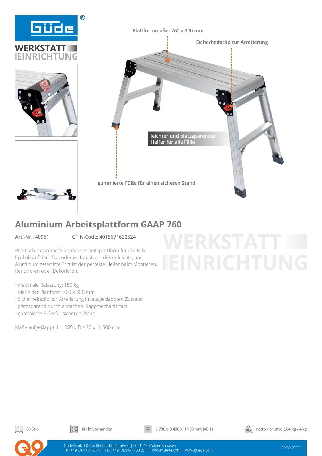 Güde Alu Arbeitsplattform, Arbeitstritt, Trittleiter, Trittbank GAAP 760, bis 150 kg, 760x300 mm, Podest klappar, Arbeitsbühne