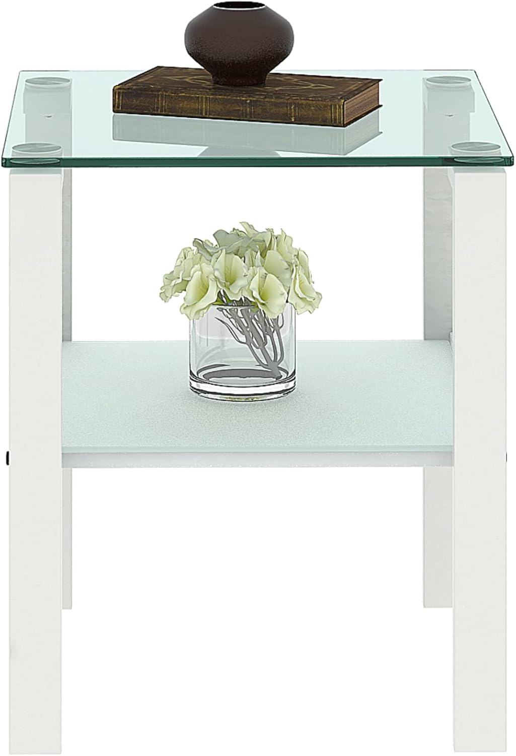 Small Glass Side Table/End Table of Modern Minimalist Design, White Metal Legs