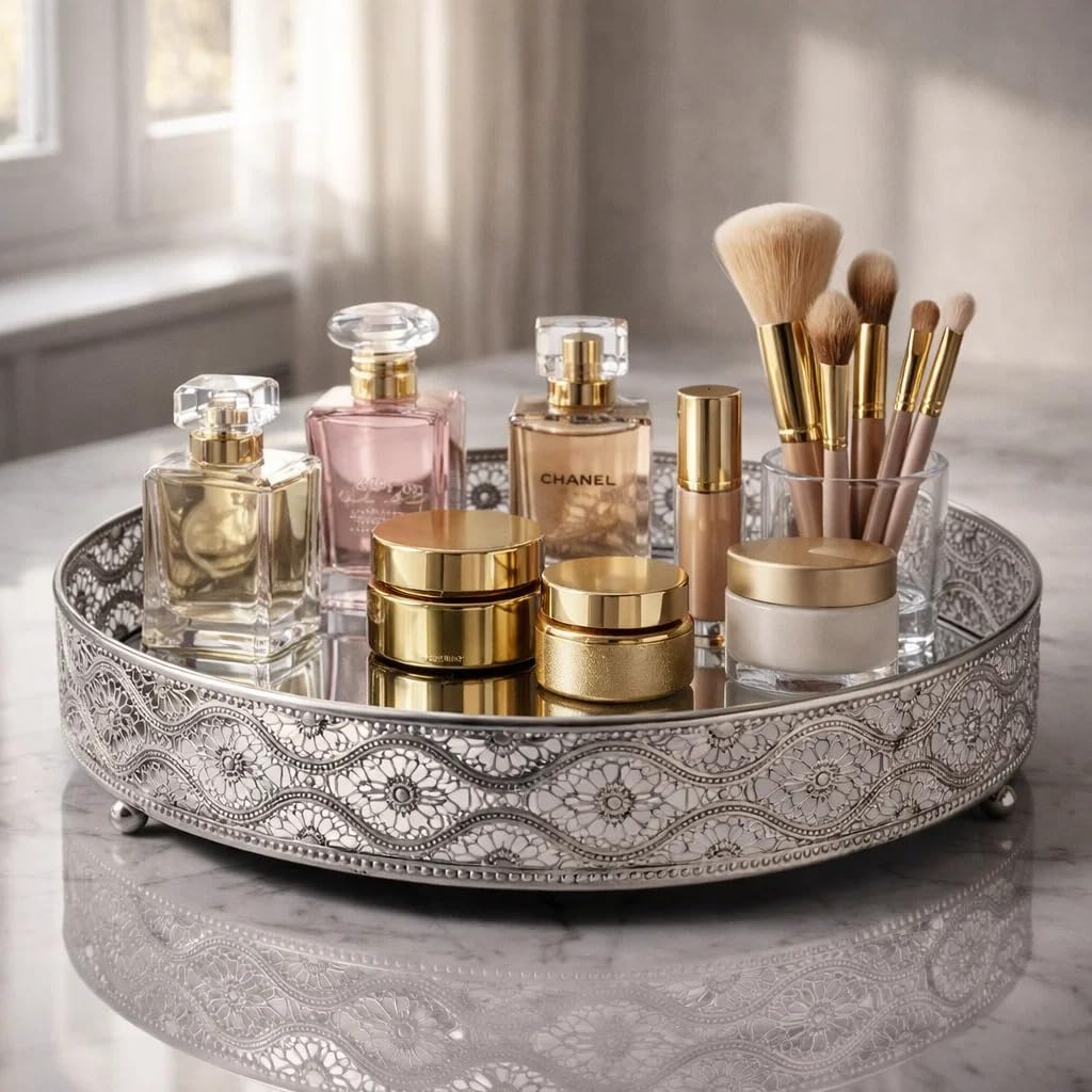 DRULINE Ø 26 cm Spiegeltablett - Tablett - Dekotablett - Make up Organizer - Kerzentablett – Schmuckspiegel – Kosmetikspiegel - Metall Silber/Spiegel - Geschenkidee