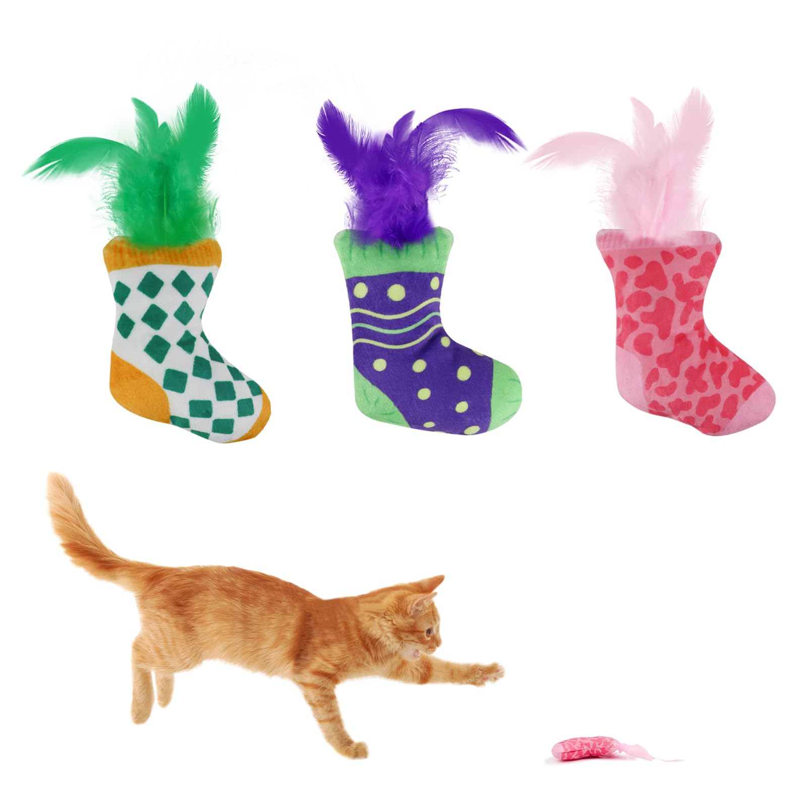Andiker 3PCS Cat Feather Toys, 4.72 Inches Cats Crinkle Toy with Crinkle Paper Cute Sock Shape Lightweight Interactive Cat Toys for Indoor Cats and Kitten Chewing, Biting, Fetching
