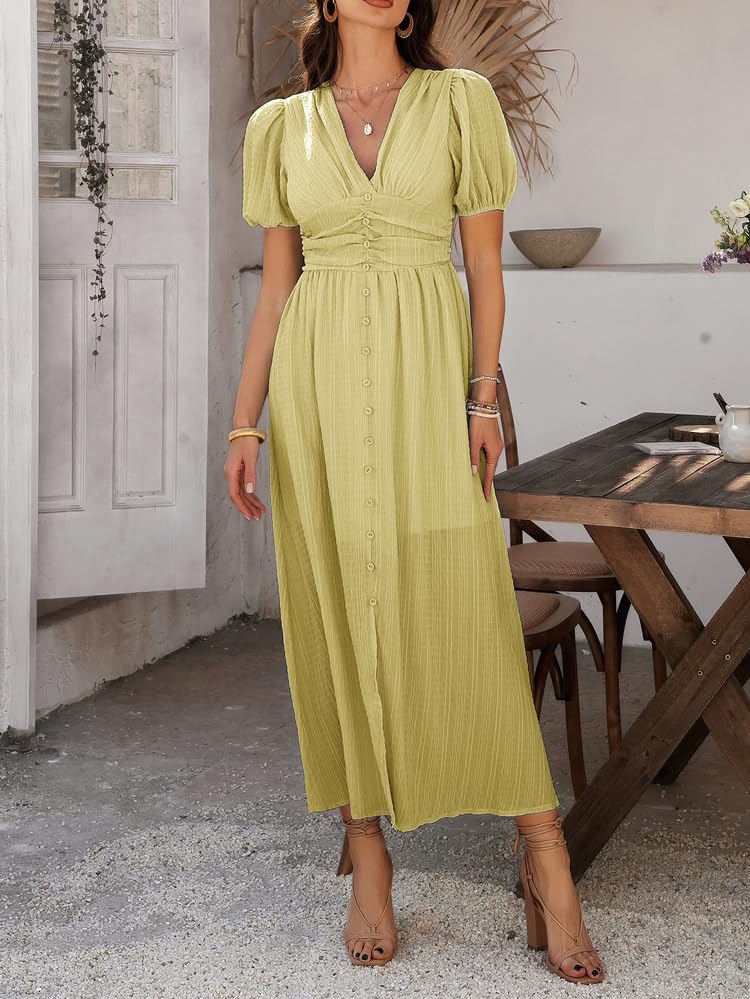 Image of Women Summer Casual Midi Dress Puff Sleeve V Neck Ruched Button Front Split Boho Beach Vacation Wedding Dresses 2026