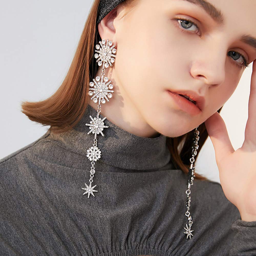 Xerling Snowflake Starburst Rhinestones Dangle Drop Earrings Long Tassel Earrings Bling Glitter Stud Earrings-image-39