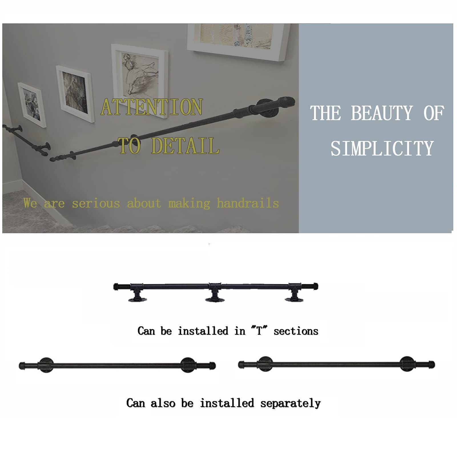 Leuning Reling voor trappen Leuning voor trappen 1m 120cm 180cm 2m 2.5m 3m, trapleuning - complete kit | Outdoor Grab Rail Iron Water Pipe Design | Perfect voor Muurbalustrade Foot Rail-ondersteuning