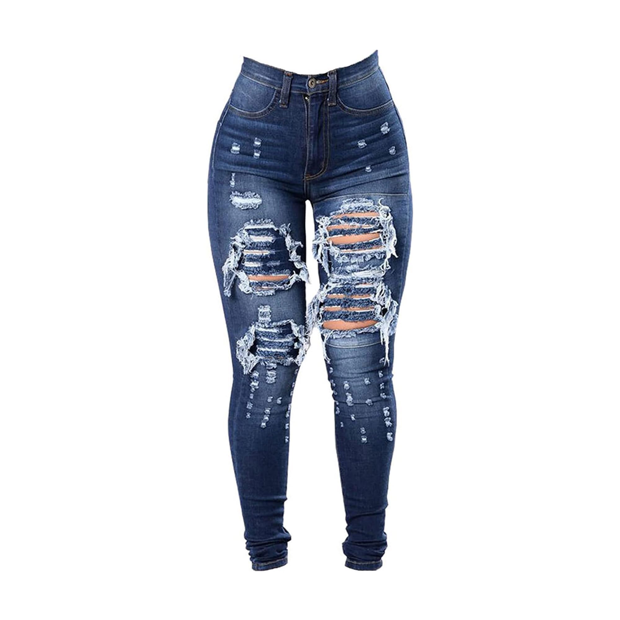 Women's High Waist Plus Size Destroyed Jeans Slim Skinny Ripped Trousers Stretch Denim Pants
