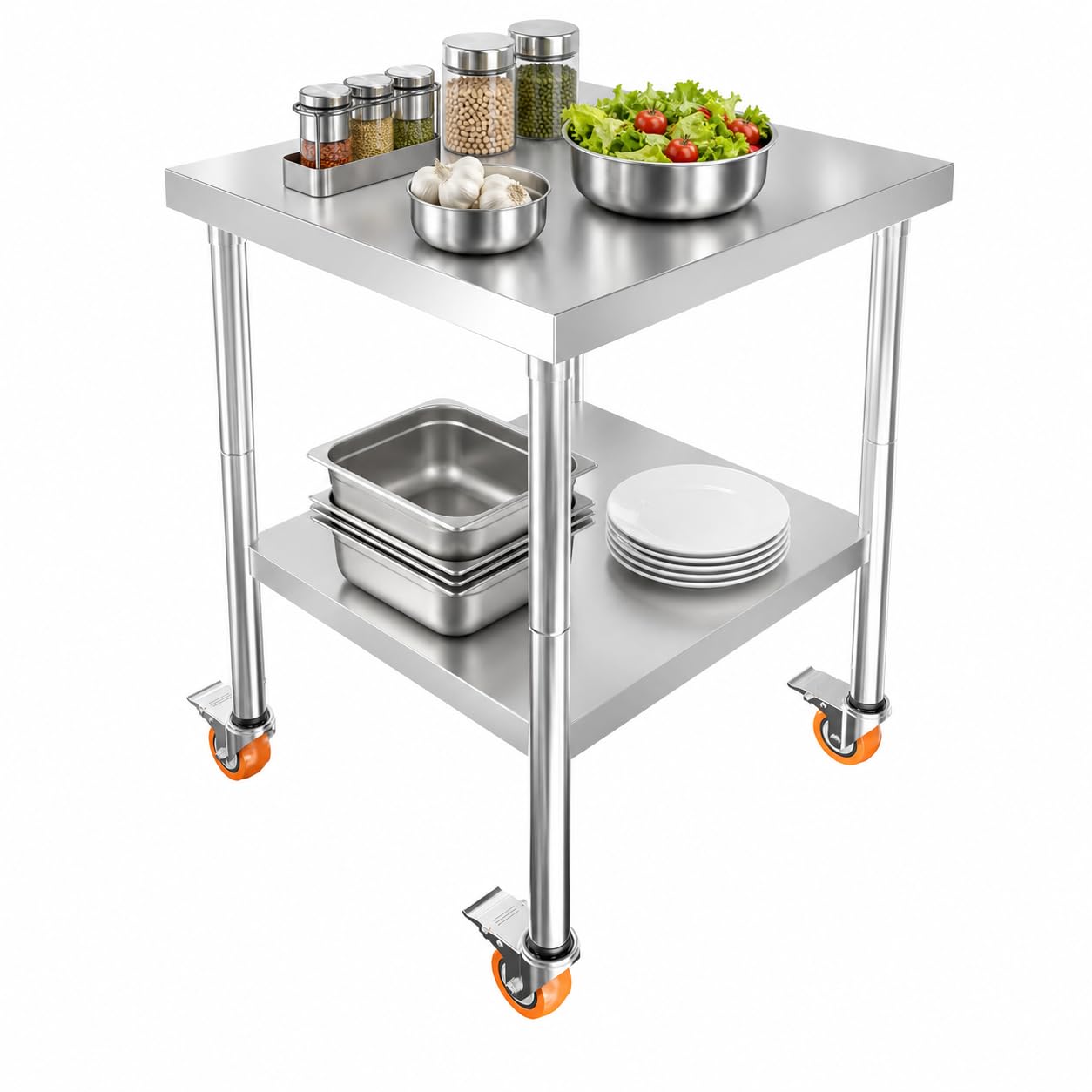 Tavolo da lavoro in acciaio inox, 61 x 46 cm, con ruote, 300 kg | acciaio inox + MDF, 2 livelli, 4 ruote con freno, mobile e stabile, ideale per cucina, banco da lavoro e cucina all'aperto