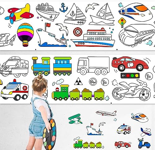 Drawing Roll for Kids, Sticky Coloring Paper Rolls with Colored Pencil Graffiti Scroll DIY Painting for Toddlers Children Boys Girls 3 4 5 Educational Toys Vehicles