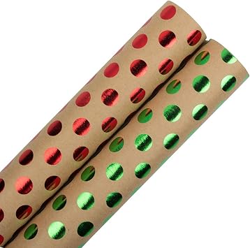 JAM Paper Assorted Gift Wrap - Kraft Wrapping Paper - 50 Sq Ft Total - Red & Green Dots Kraft Paper - 2 Rolls/Pack
