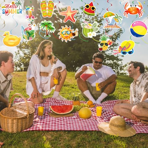 Image of 35Pcs Summer Pool Beach Hanging Swirl Decor, Hello Summer Beach Party Decorations, Hawaiian Luau Themed Swirls Streamers Ceiling Supplies for Boys Girls Kids Baby Shower