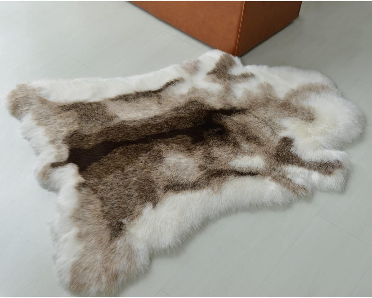 Rugoo Reindeer Hide Rug 3.6 ft x 2.9 ft Faux Sheepskin Fur Deer Animal Skin Fluffy Pet Pad Chair Cover Seat Pad for Bedroom Living Room Nursery, White and Grey