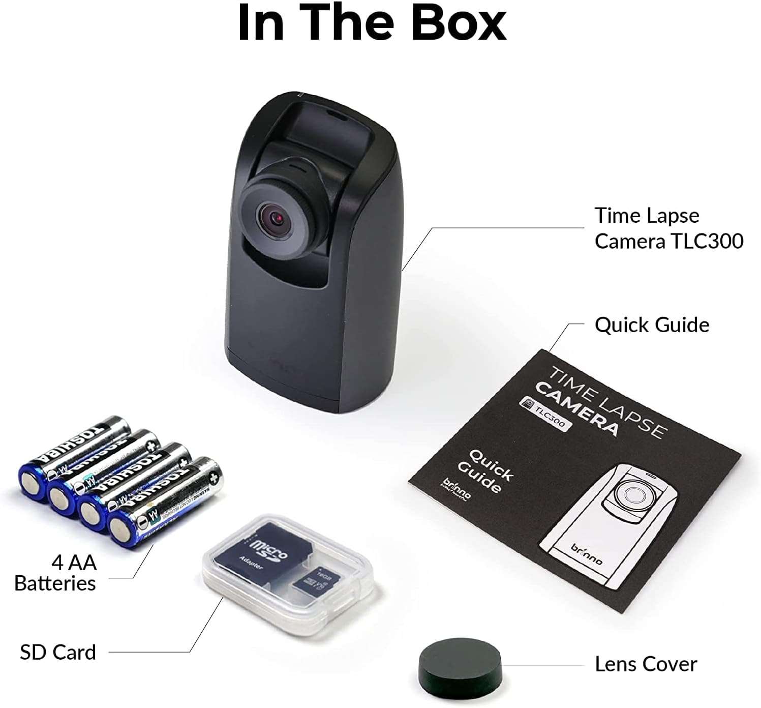 Contents of the Brinno TLC300 Time Lapse Camera box, including camera, batteries, SD card, lens cover, and quick guide.