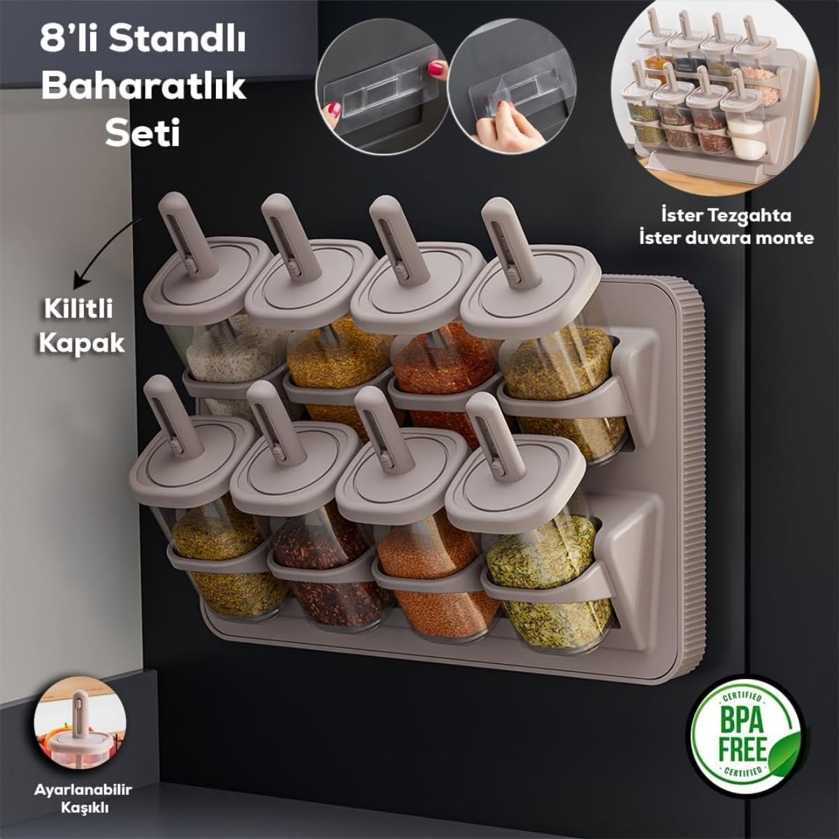 Deinhaus 8'li Standlı Baharatlık Seti, Tezgah Üstü ve Duvara Monte, Kilitli Kapak, Şeffaf Kavanozlar, BPA İçermez, Modern Minimalist, Bej/Gri