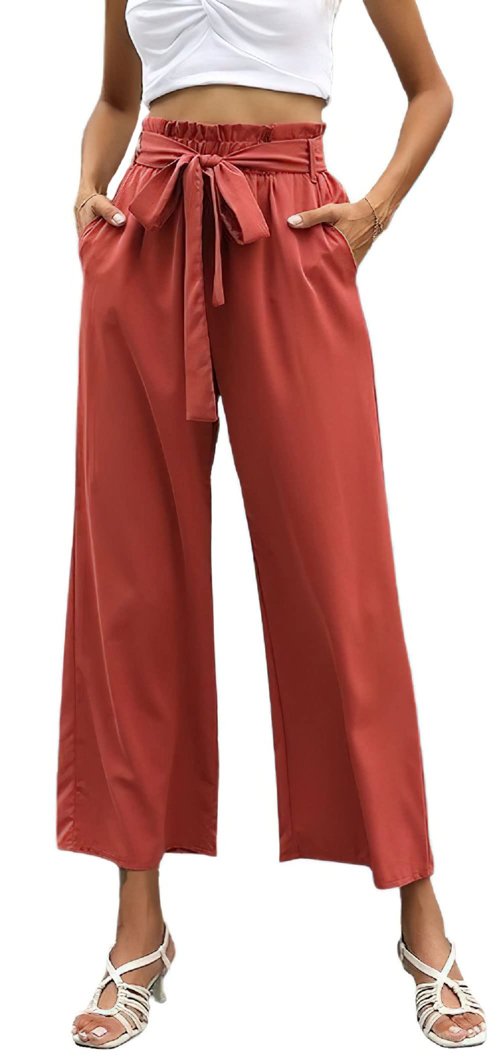 CHARTOU Womens Summer Paper Bag Waist Belt Wide Leg Loose Fit Bootcut Cropped Pants
