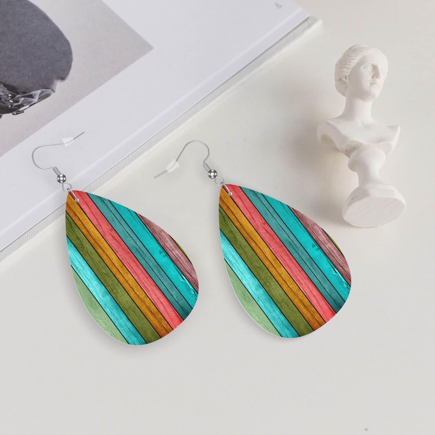 Vintage Wood Wooden Print Faux Leather Teardrop Earrings for Women Drop Dangle Earrings - Image 5
