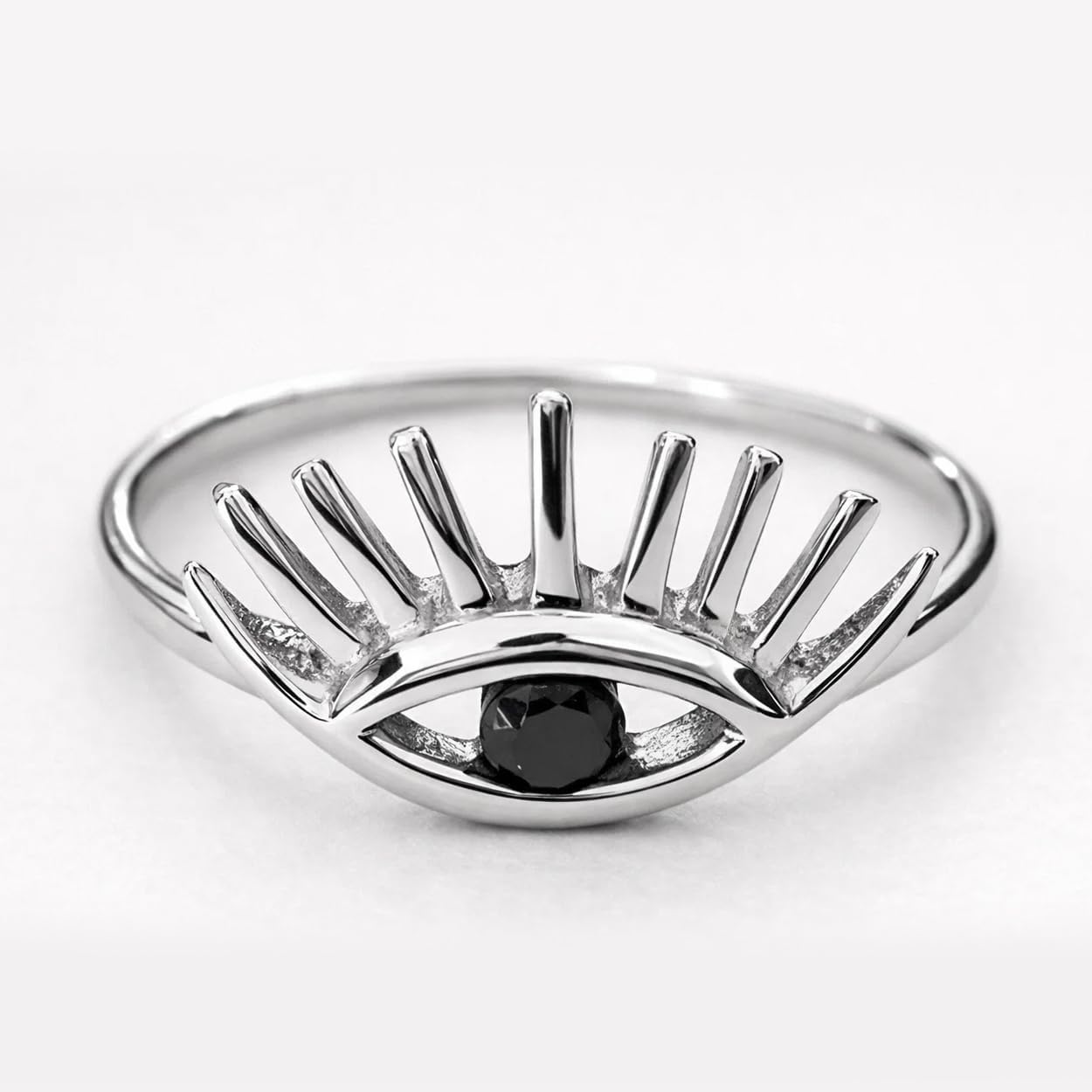 SOVATS 925 Sterling Silver Evil Eye Ring with Black Stone, Minimalist Protection Band for Women