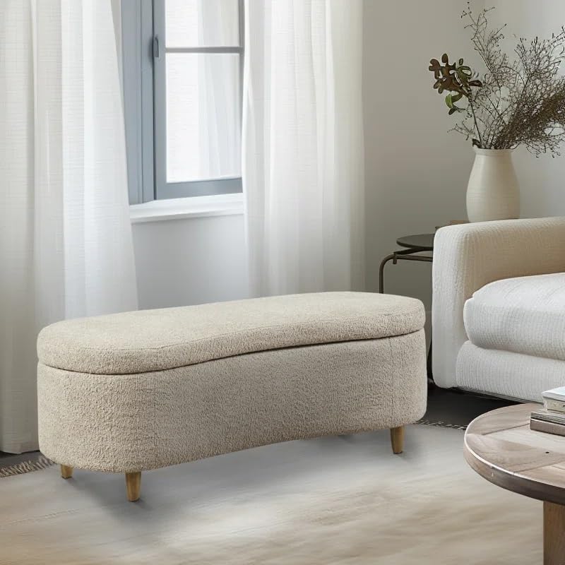 Modern Mid-Century Boucle Fabric Storage Bench Ottoman with Solid Wood Legs 2 Seater Japandi Teddy Fabric Sofa Storage Ottoman Bench with Wooden Legs (Beige) (Beige)-image-10