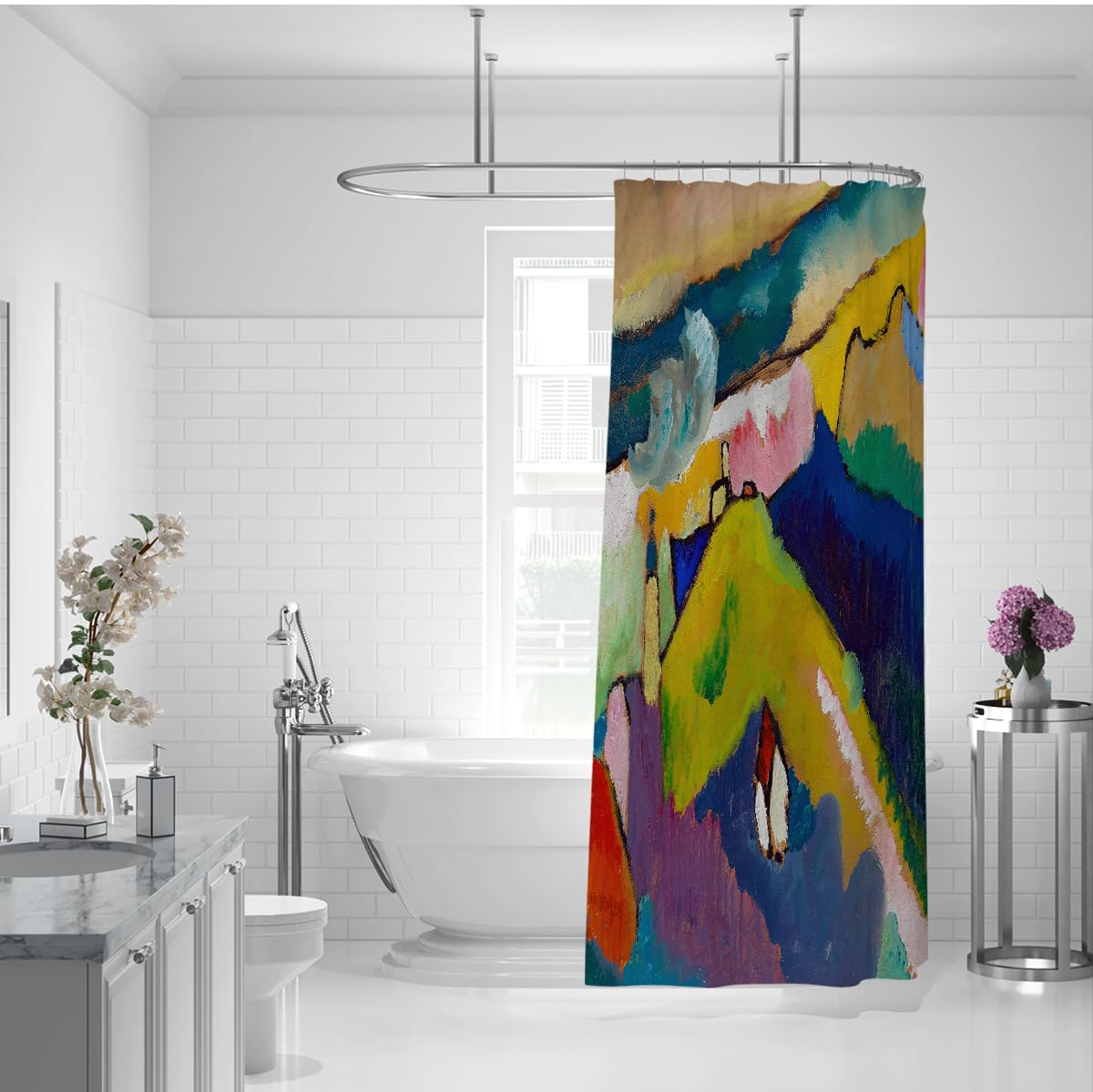Bunte Landschaftsduschvorhänge Abstrakte Berg-Badezimmervorhänge Wasserabweisend und waschbare Polyester-Stoff-Badewannenvorhänge mit Haken 180 x 180 cm