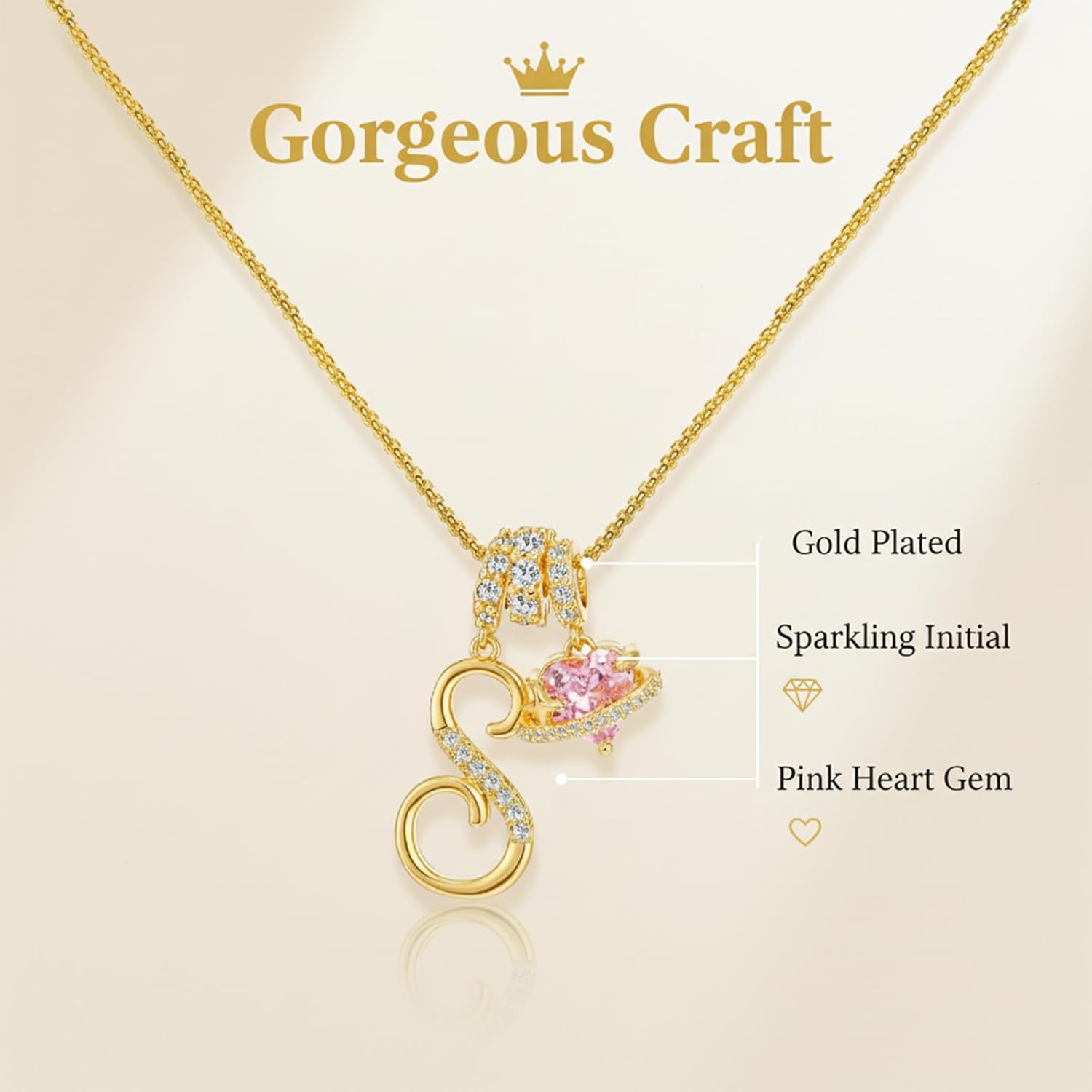 Initial A Necklace for Women 24K Gold Plated Box Chain Letter Pendant Trendy Name Necklace t Dainty with Pink Heart & Cubic Zirconia Jewelry Gift for Her - Image 3