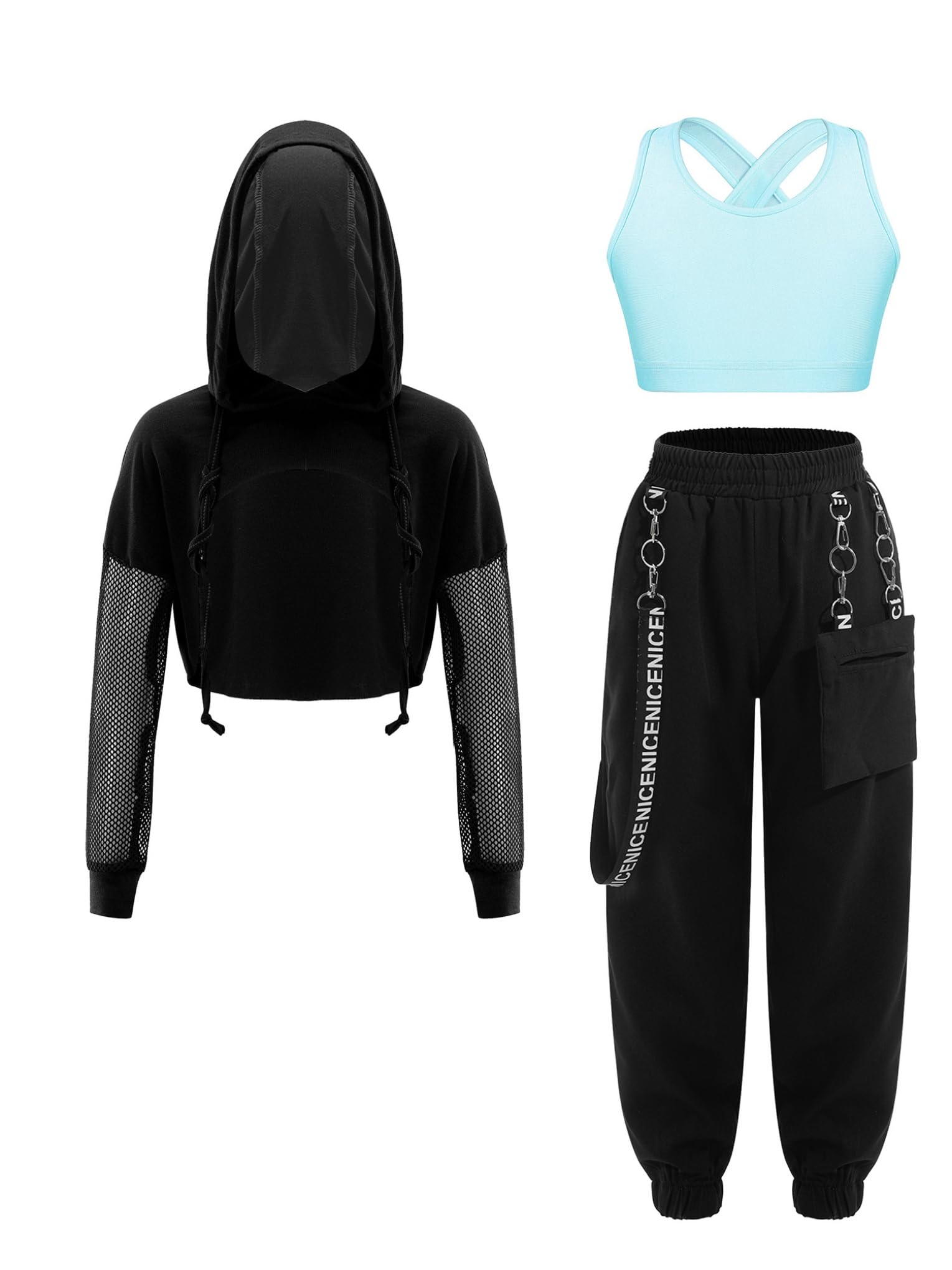 Hansber Girls 3 Piece Jazz Hip Hop Dance Outfits Hooded Crop Top with Leggings Active Set for Gymnastics Yoga Dancing