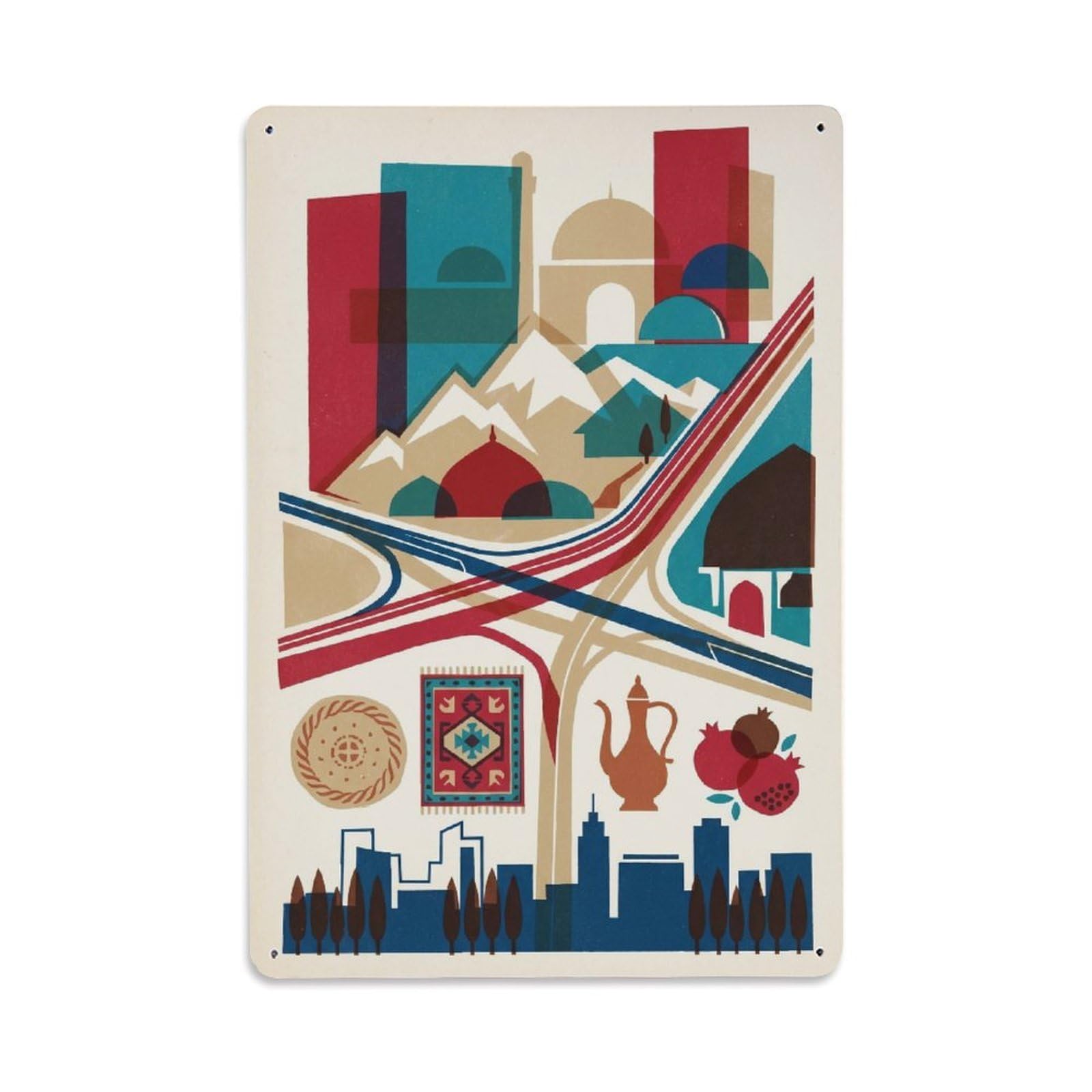 Okngb Style Chinese Cityscape Urumqi Urban Vintage Landmark Graphic Metal Tin Sign Plaque Wall Decor For Cafe, Man Cave, Club Bar, Office, Home Garden Round Metal Poster 8X12inch