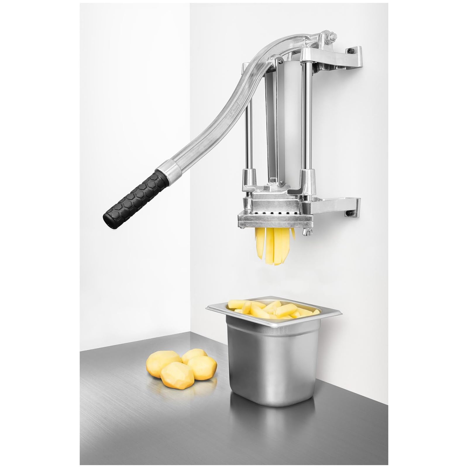 Royal Catering RCKS-3 Coupe-frites, pommes de terre, légumes (avec 3 lames 8 x 8/10 x 10/12 x 12, manuel, montage sur table et mural, acier inoxydable et aluminium, stable)