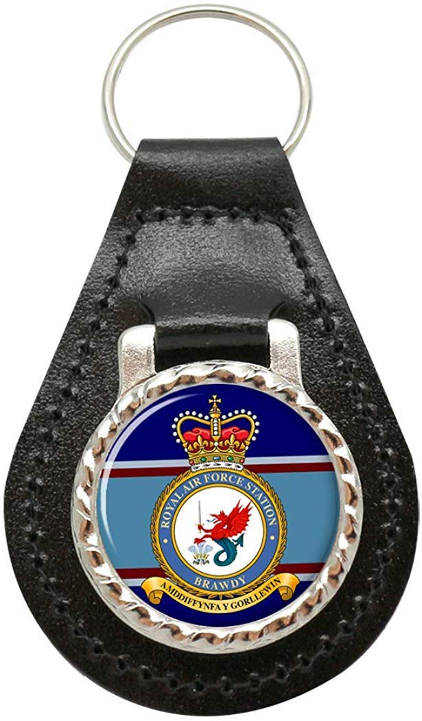 Giftshop Uk Unisex Black Leather And Silver Metal Raf Station Brawdy Leather Key Fob