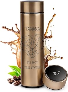 Maverton Kaffee Thermobecher 450 ml mit Gravur - Kaffeebecher mit LED-Touch-Anzeige - auslaufsicher 100% dicht - Weihnachtsgeschenke - Reisebecher aus Edelstahl für Frauen - Farbe: gold - Koffein