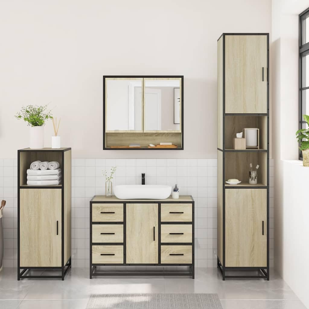 3-TLG. Badmöbel-Set Sonoma-Eiche Holzwerkstoff mit Spiegel, Waschbeckenunterschrank und Badezimmerschrank für Badezimmer, Stauraum, Wandmontage, platzsparend, langlebig, modernes Design