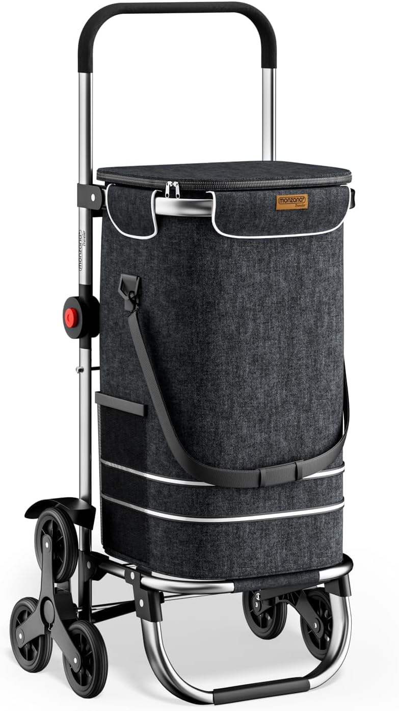 MONZANAยฎ 3in1 Shopping Trolley on Wheels | 6 Wheel Stair Climbing Shopping Trolley Cart 3 Pivot Wheels Foldable | 56 Litre Large Capacity Lightweight | Pull Along Grocery Cart Collapsible Bag | Black