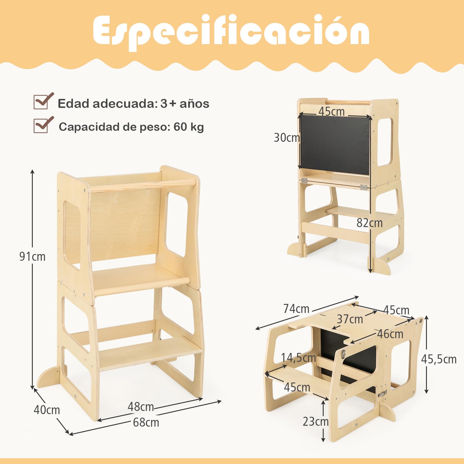 COSTWAY Torre de Aprendizaje Plegable 3 en 1, Taburete Infantil Montessori de Madera con Pizarra, Mesa, Taburete y Barra de Seguridad para Baño Cocina, Juego de Mesa y Silla para Niños