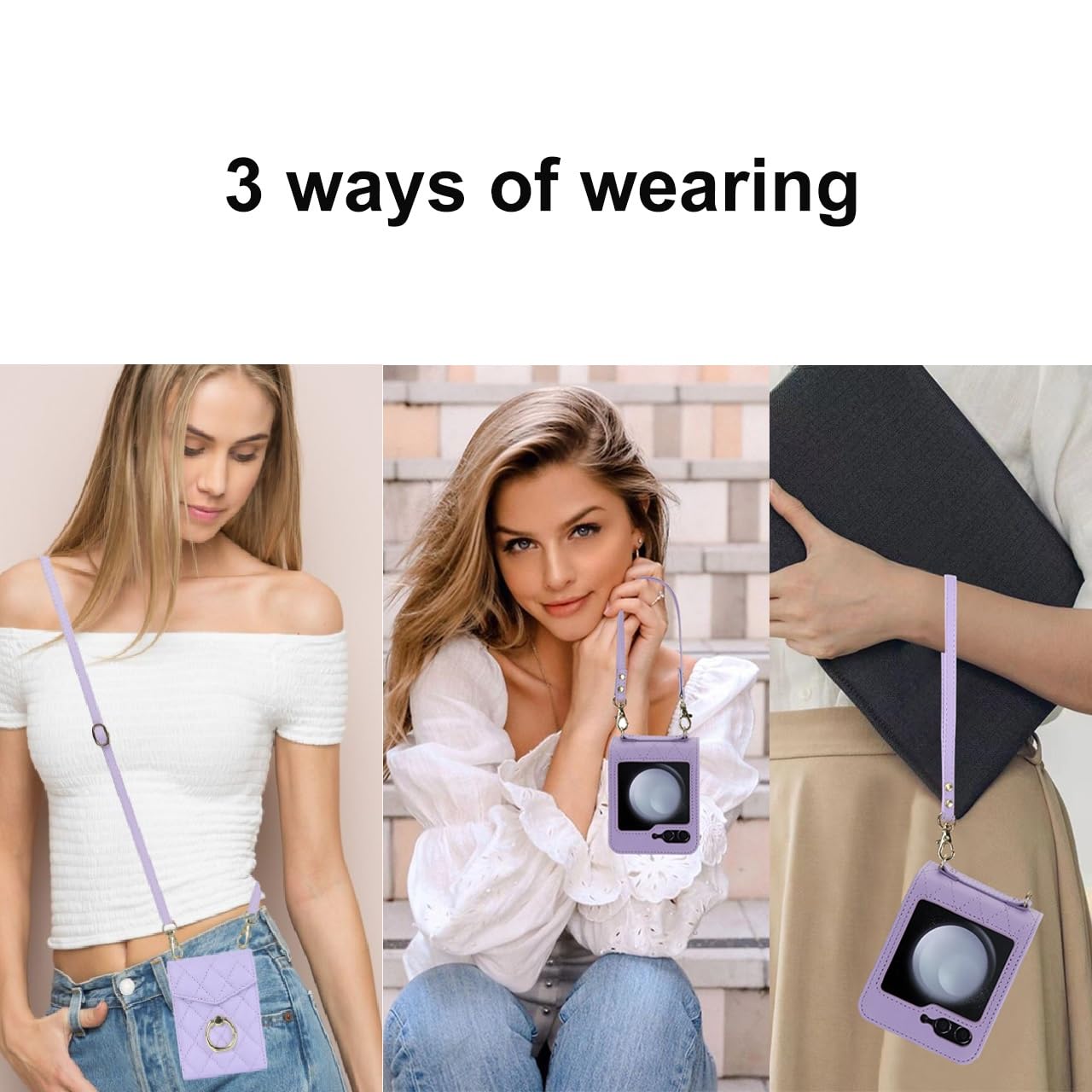 Etui portfelowe na telefon Samsung Galaxy Z Flip 7 z pierścieniem i regulowanym paskiem crossbody, stylowe i wielofunkcyjne etui z klapką w stylu akordeonowym z 4 przegródkami na karty. (białe)