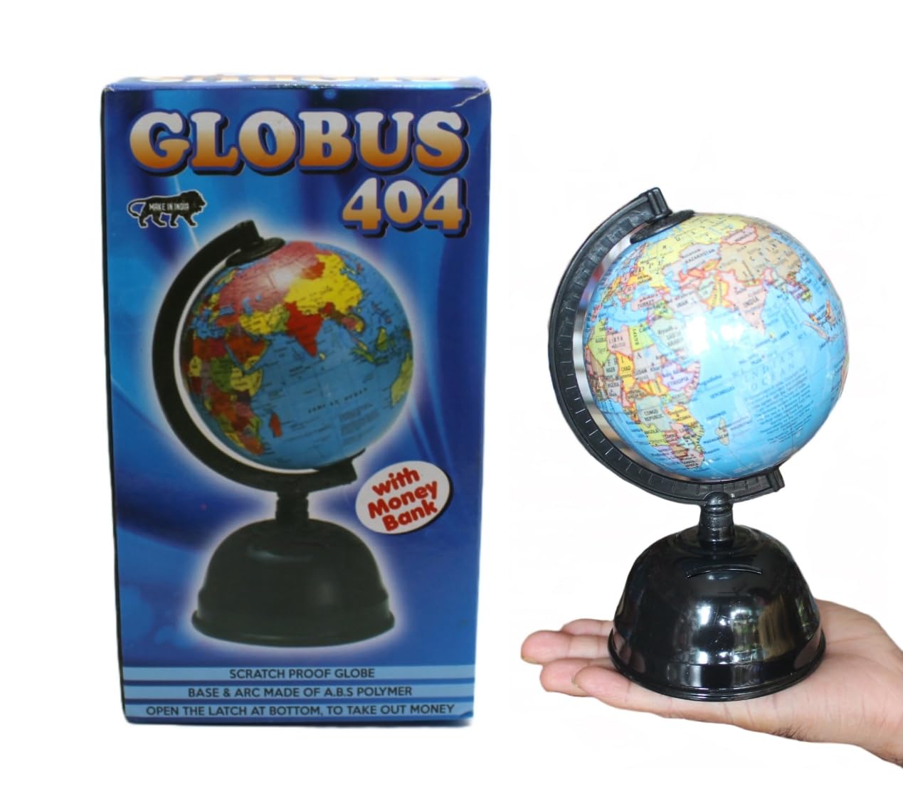 6.4-Inch Rotating World Globe with Money Bank for Kids & Students(Boys & Girls) – Educational Political Globe with Plastic Base, 1.8-Inch Diameter, Blue – Desktop Learning Tool for Home, School & Office