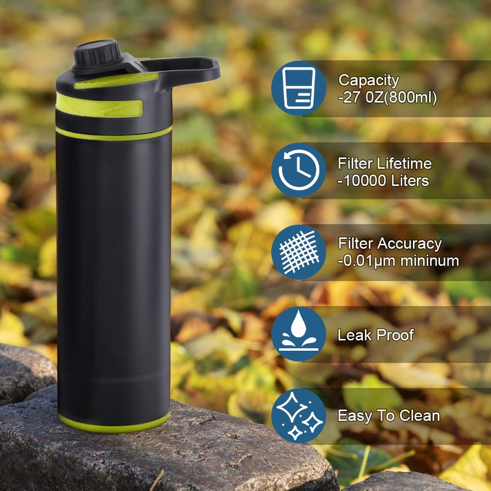 Flintronic Bottiglia d'Acqua Filtro, 800ML Bottiglia d'Acqua all'Aperto con Filtro, Depuratore d'Acqua Portatile, Borraccia Filtrante con Filtro, Filtro Acqua Potabile Sopravvivenza Viaggio Campeggio