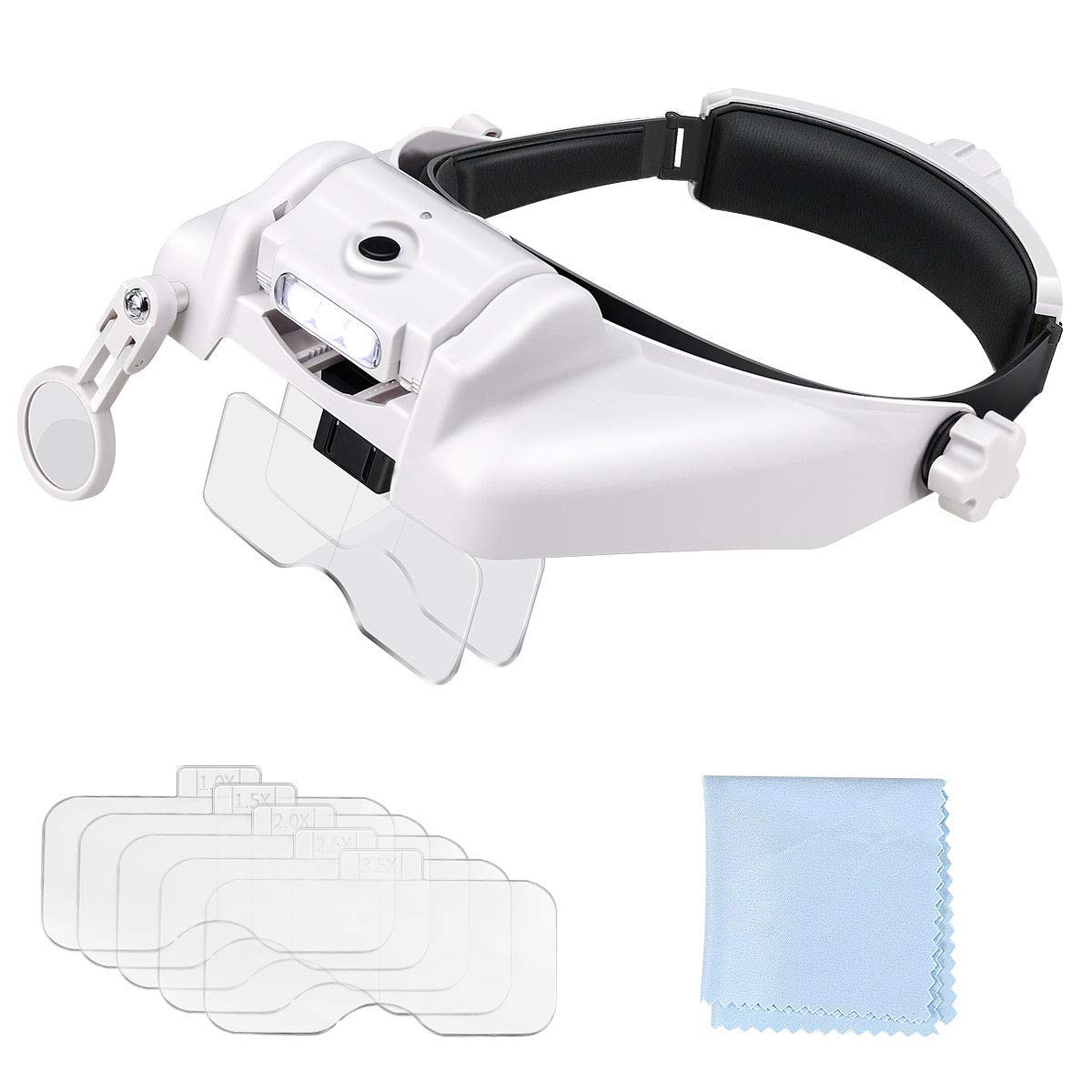 MAKINGTEC 3 LED Headband Magnifier Illuminated Hands Free Head Magnifying Glasses for Reading, Jewellery Loupe, Watch and Electronic Repair with 6 Detachable Lens 1.0X, 1.5X, 2.0X, 2.5X, 3.5X, 8X