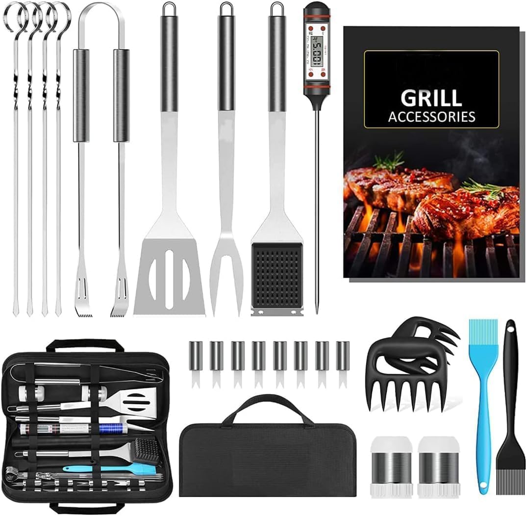 Juego de 25 utensilios para barbacoa, juego de accesorios para parrilla de acero inoxidable, kit para cocinar de camping y cocina, con bolsa, utensilios de barbacoa portátiles, regalo para hombre y