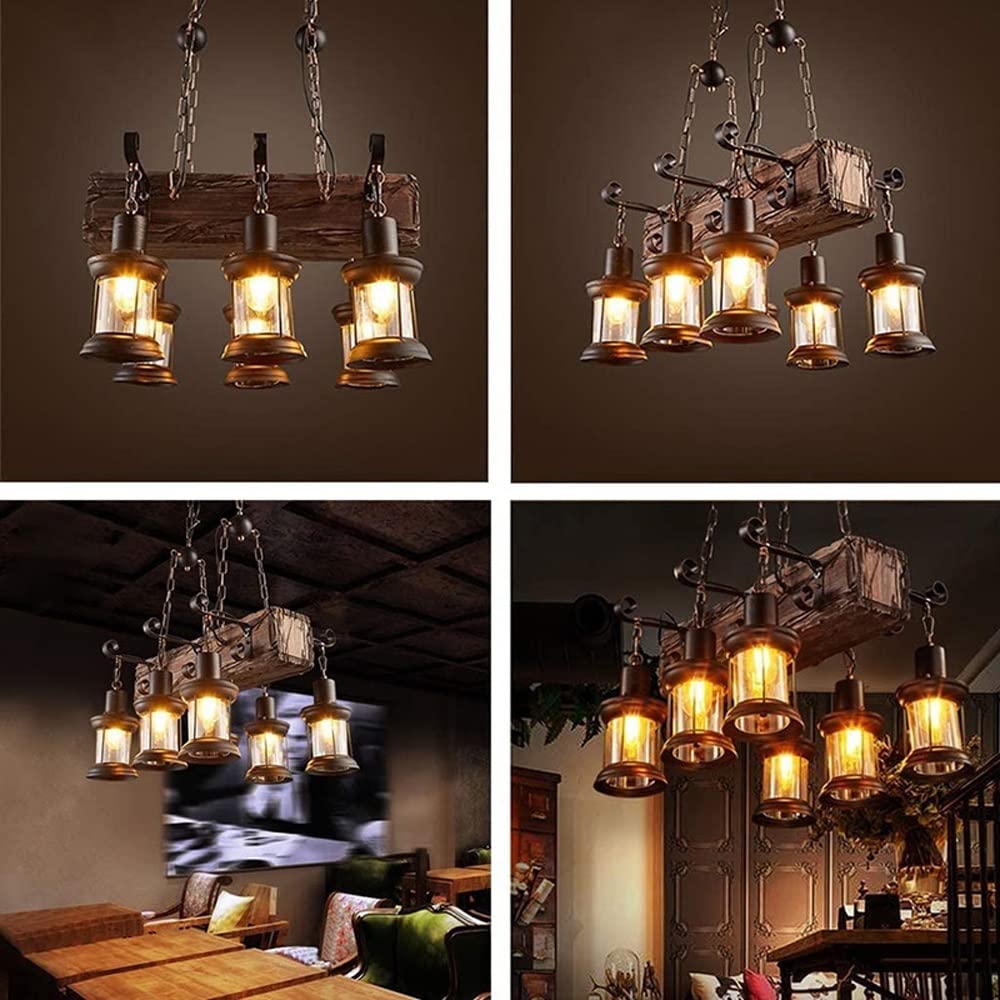 Lampa wisząca z drewna i szkła z 6 światłami