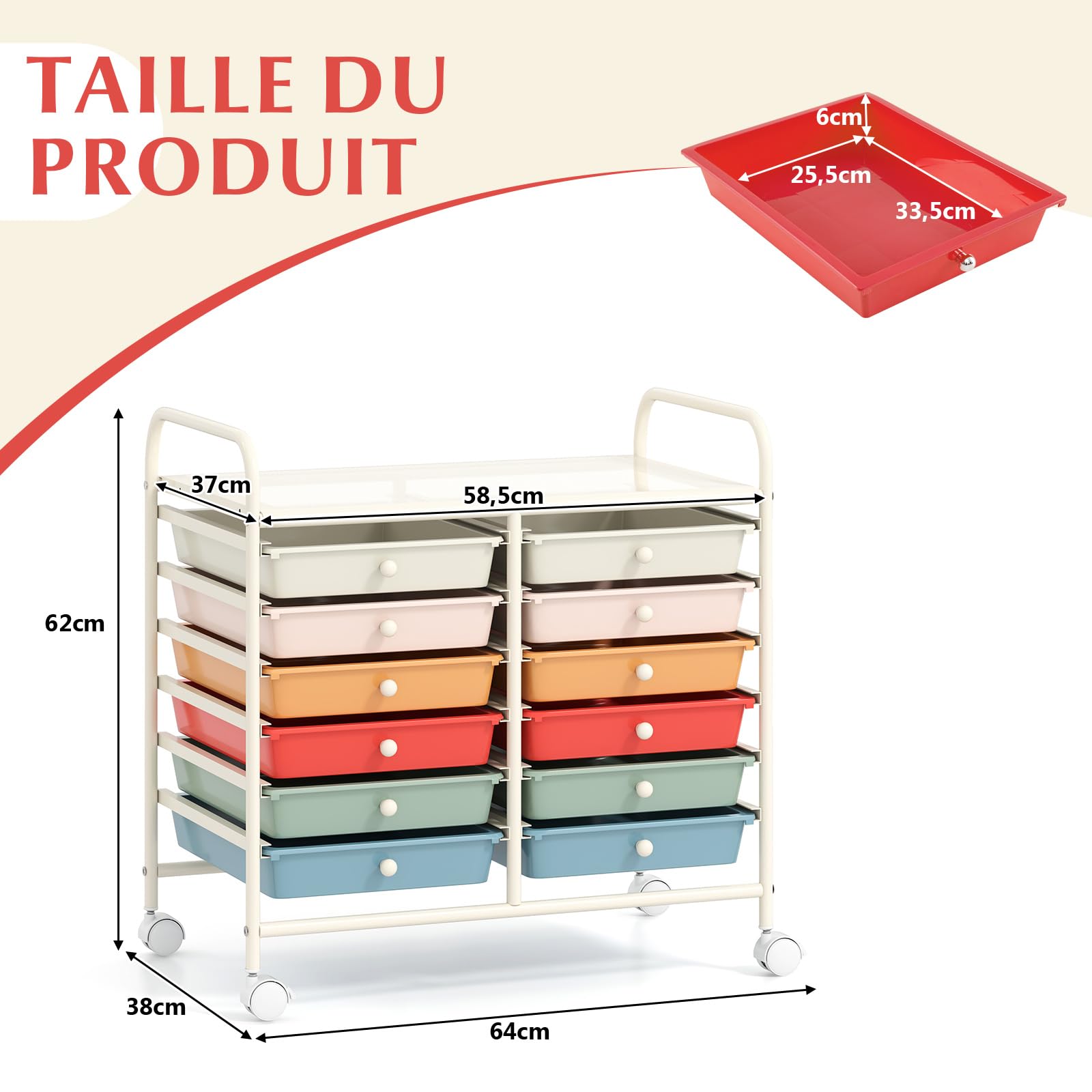 COSTWAY Chariot de Rangement à Roulettes 12 Tiroirs en PP, Tour de Rangement avec Tablette, Roues Universelles, Cadre en Métal, Desserte Meuble Tiroir pour Bureau École Salon (Macaron)