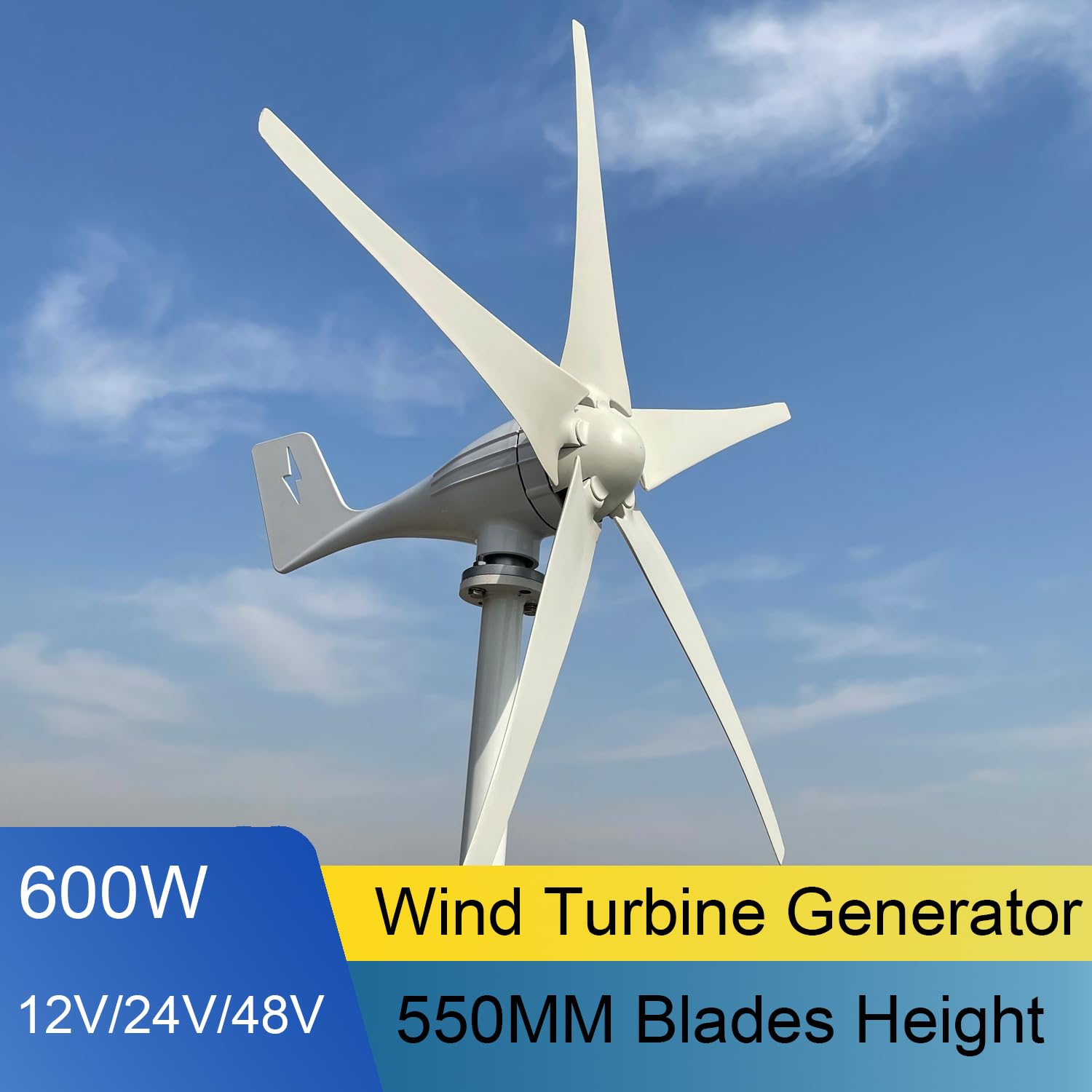 600W aerogenerador 12V/24V/48V 5-pala de alto rendimiento turbina eólica MPPT controlador de carga Horizontal sistema de energía eólica para el hogar y la granja (12, Voltios)