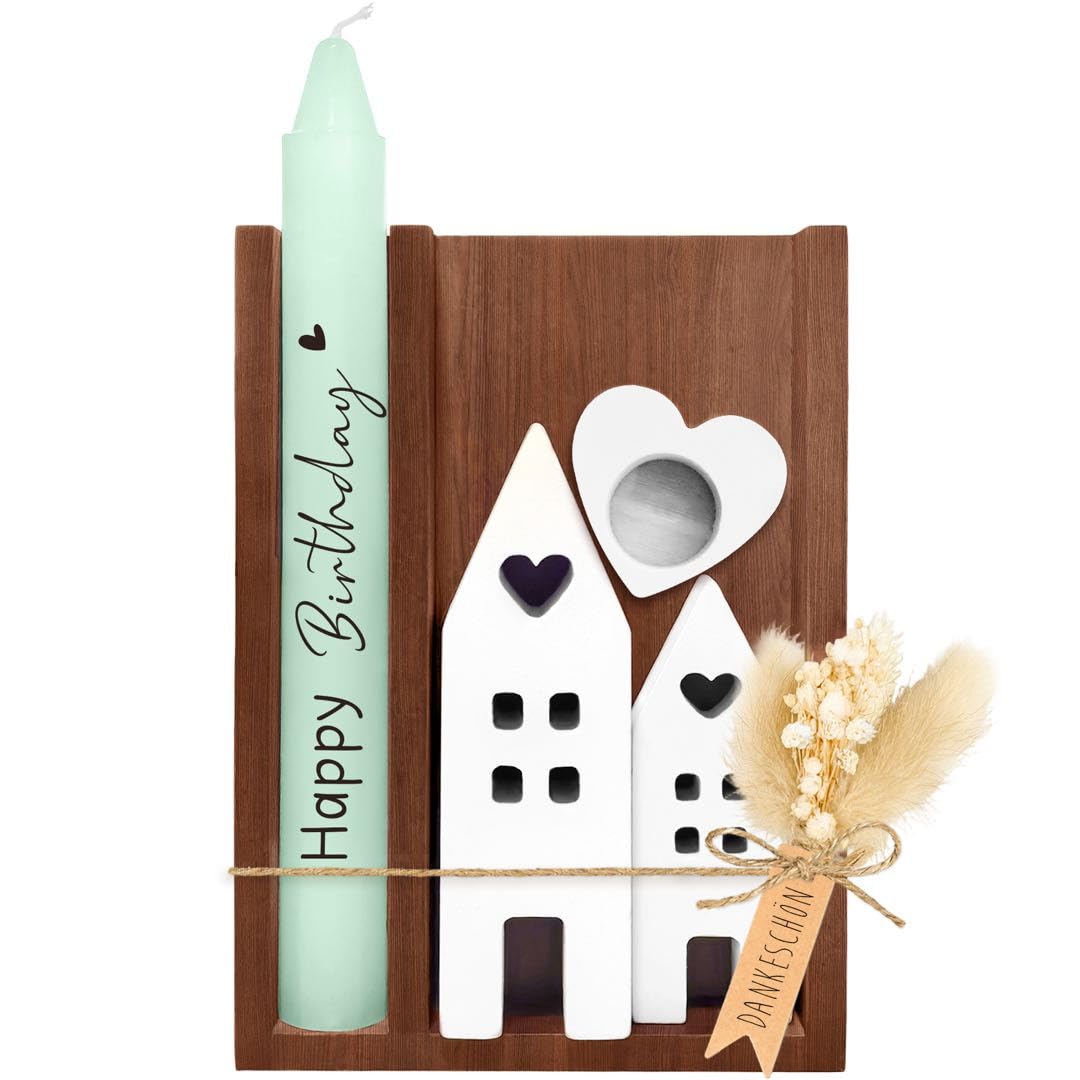 Geburtstagsgeschenk Kerze Holzbox mit Kerzenhalter und Trockenblumen | 2 Deko Häuser, Geschenk für Frauen, Geschenk für Männer