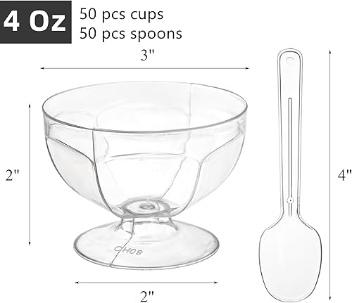 Miniatura 2 de Hacaroa Paquete de 50 tazas de plástico para postre con cucharas, mini taza de parfait de 4 onzas, cuencos de helado desechables transparentes para