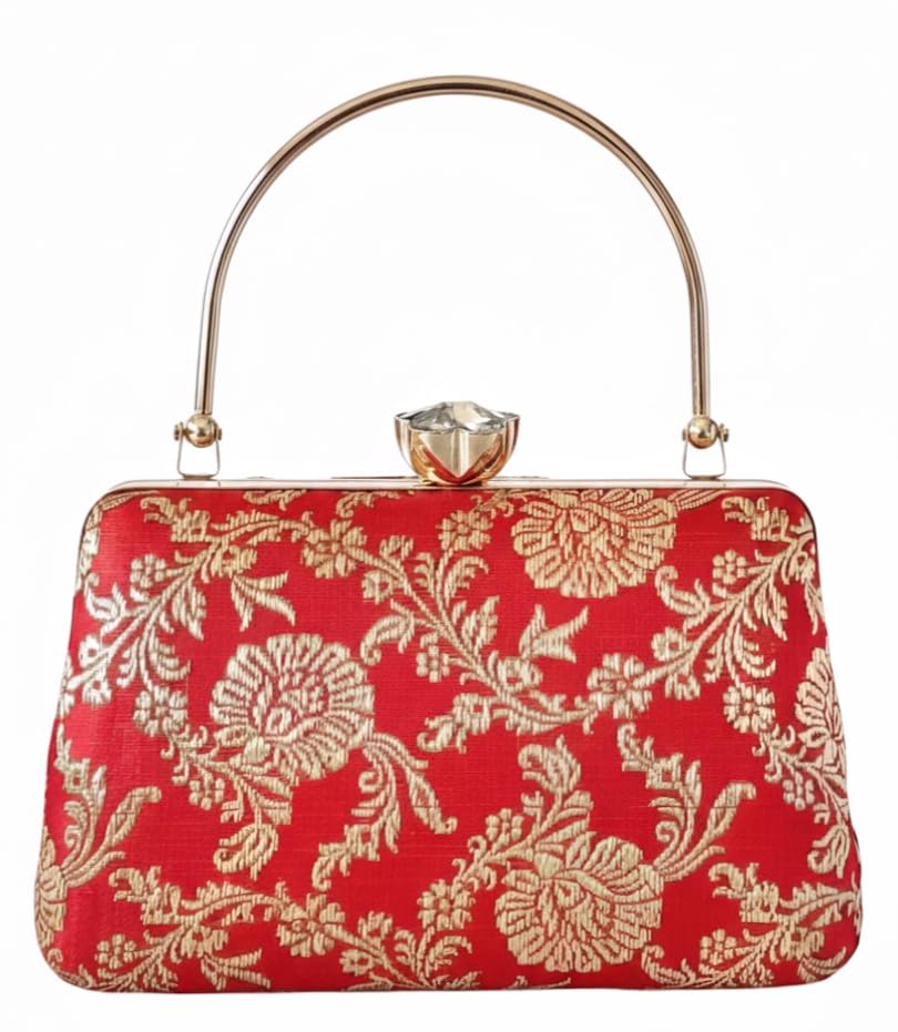 Handcrafted Banarasi Silk Brocade Evening Clutch – Red Designer Ethnic Purse with Gold Zari Work and Detachable Chain for Women-image-30